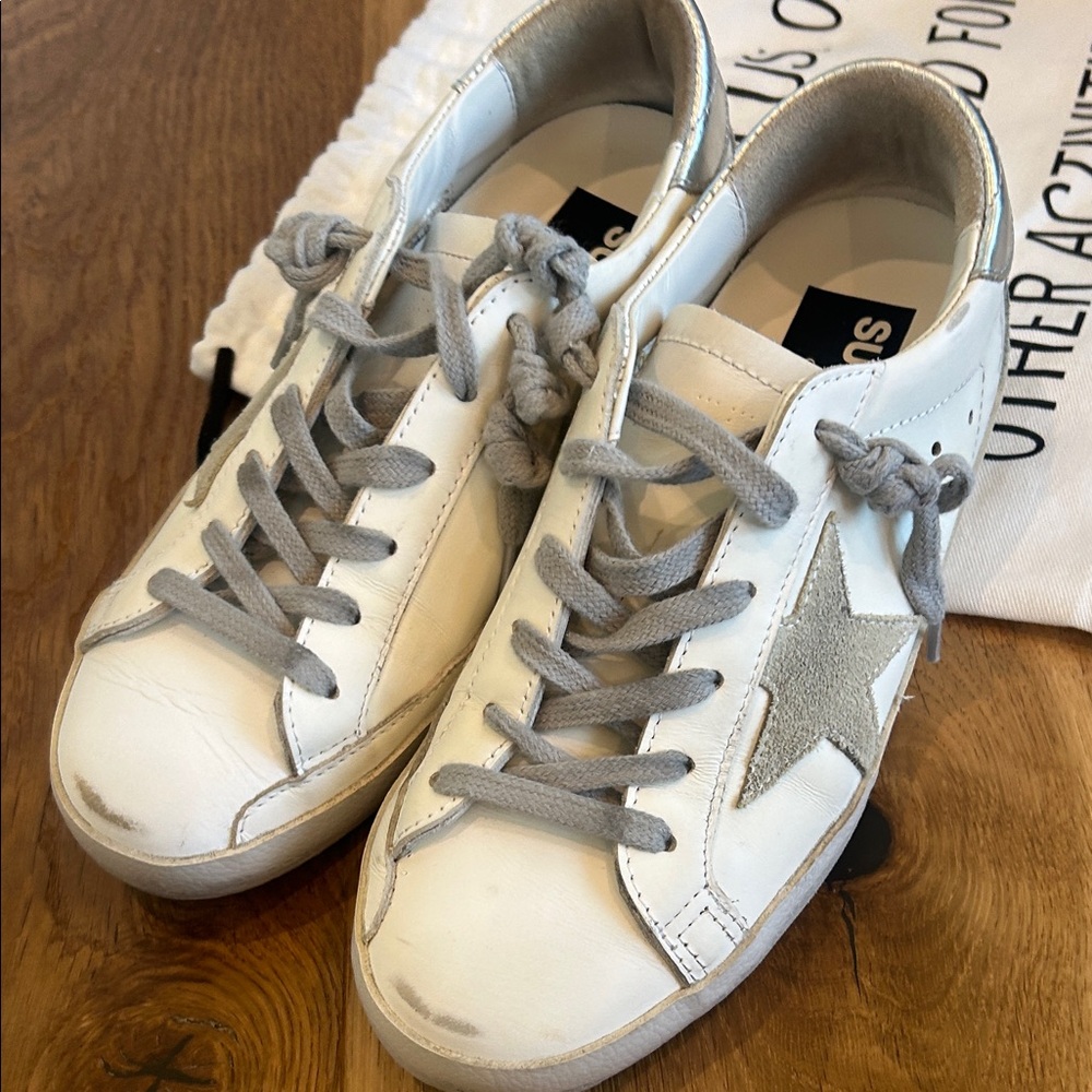 Golden Goose White and Silver Sneakers Super Stars
